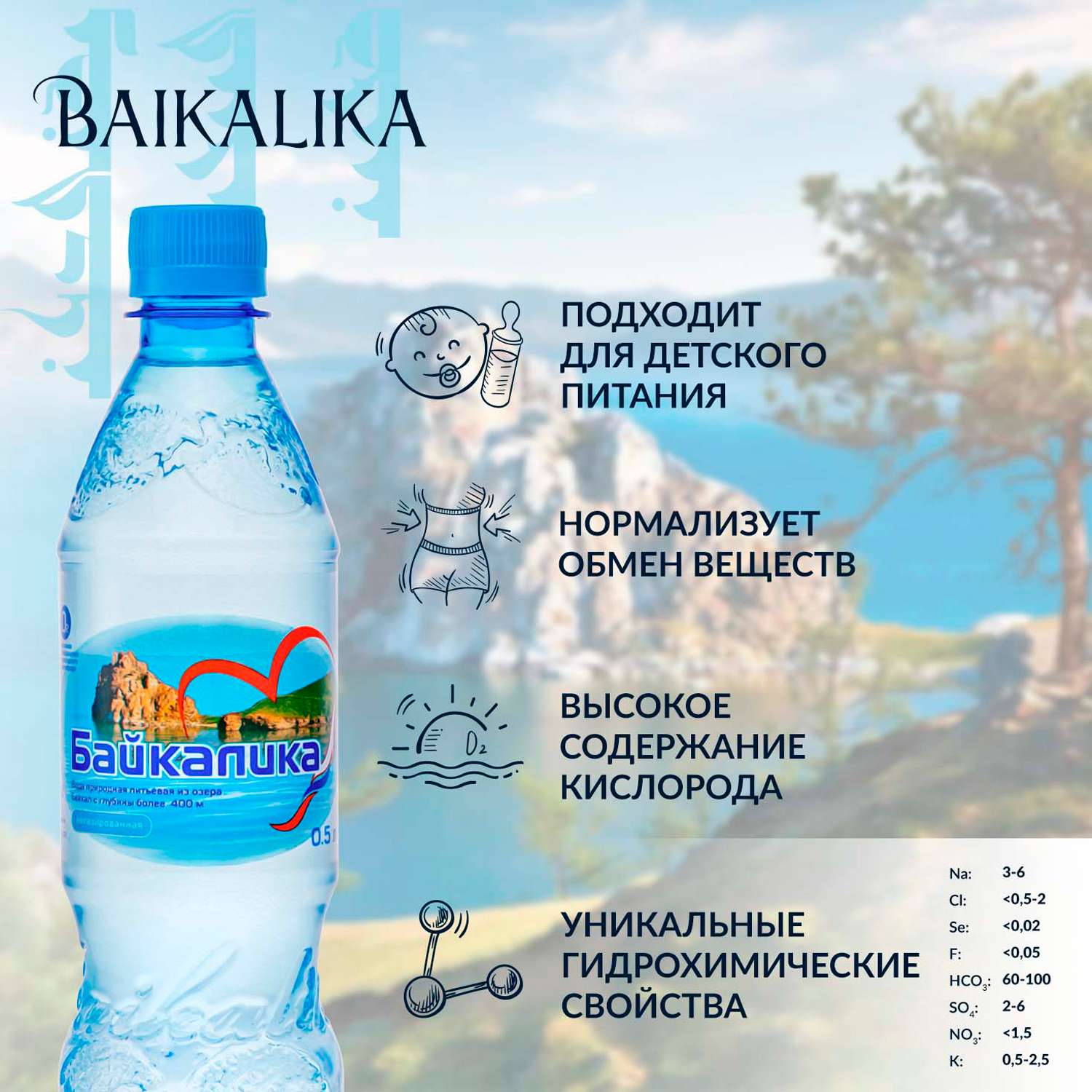 Вода питьевая БАЙКАЛИКА Набор 12 бутылок по 0.5 л природная глубинная негазированная - фото 2
