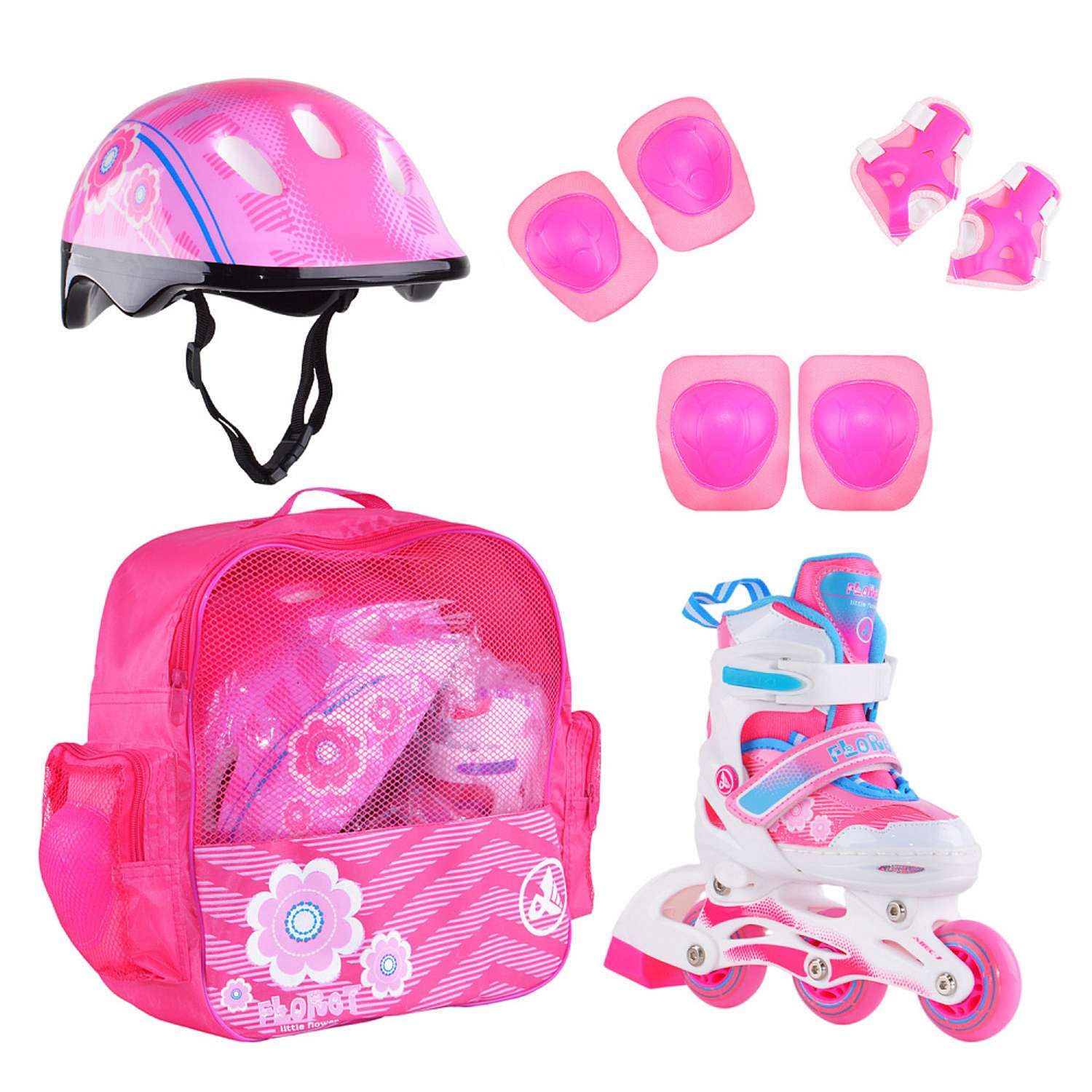 Набор роликовые коньки Alpha Caprice раздвижные Floret White Pink Blue шлем и набор защиты в сумке размер XS 27-30 - фото 1