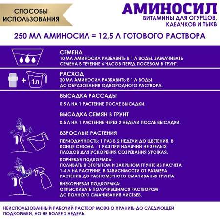 Органическое удобрение Аминосил Витамины для огурцов кабачков и тыкв 250 мл