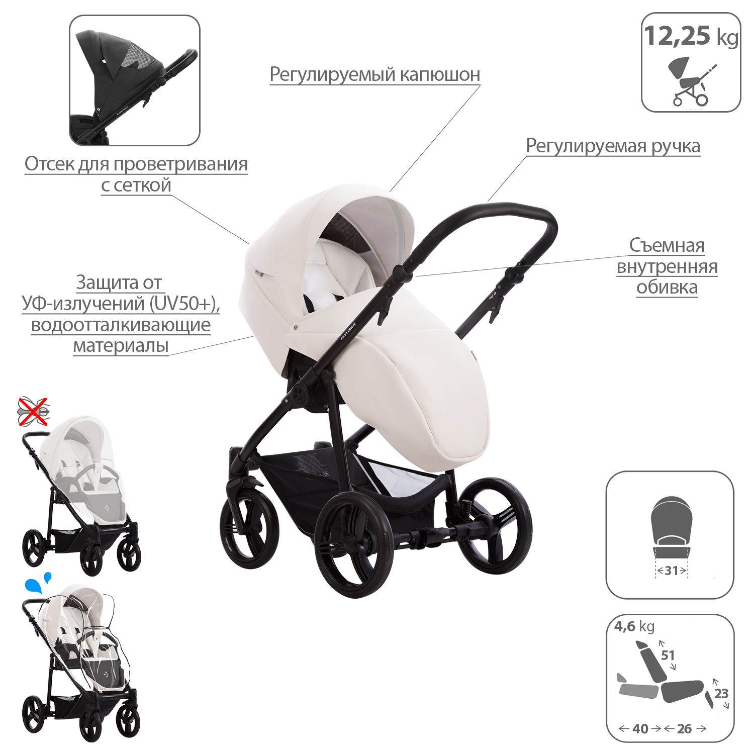 Коляска 2в1 Bebetto Explorer Air Pro экокожа шасси Черное 01 - фото 5