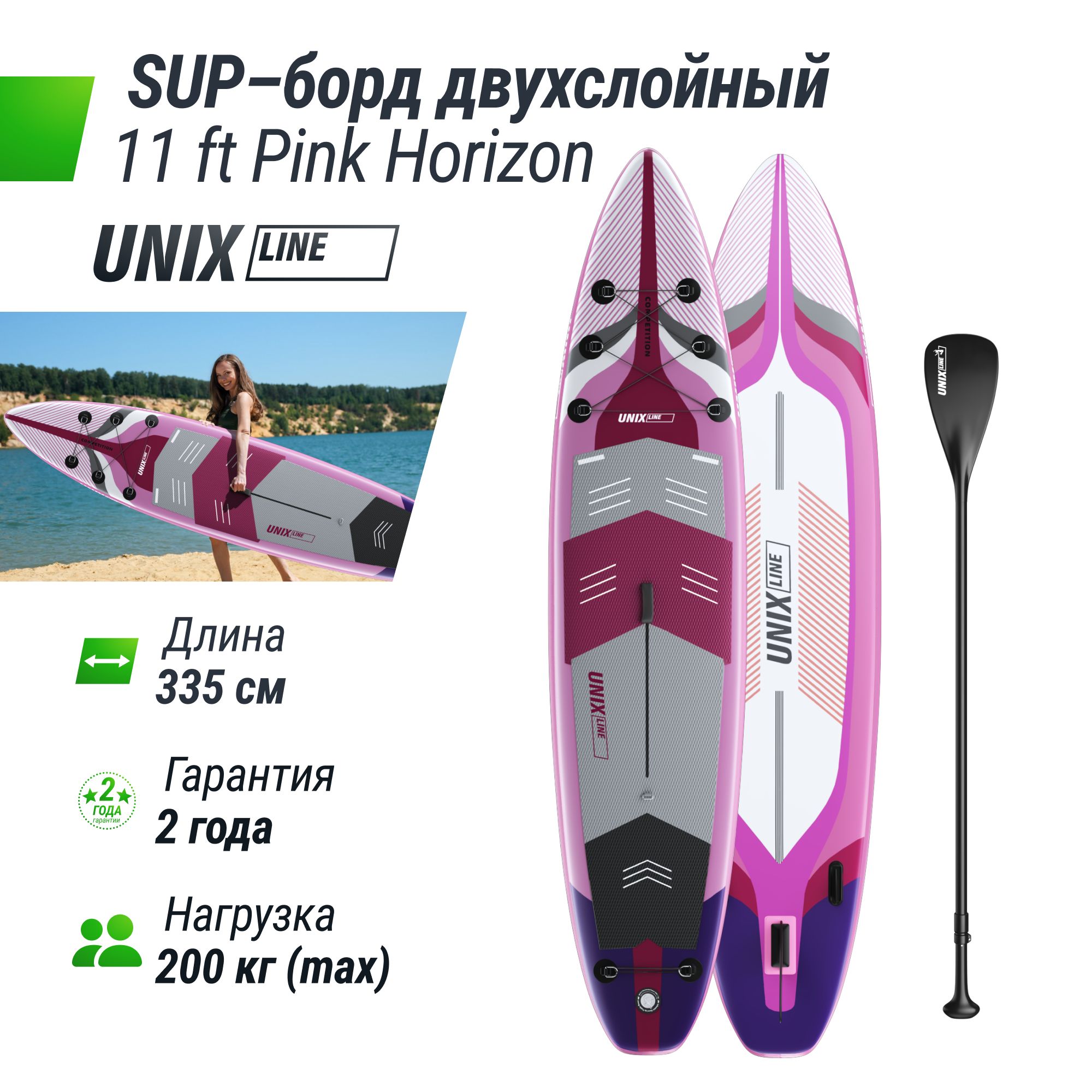 SUP-борд UNIX Line Pink Horizon (335см) сап-борд в рюкзаке, в комплекте весло, 3 плавника, насос с монометром - фото 2