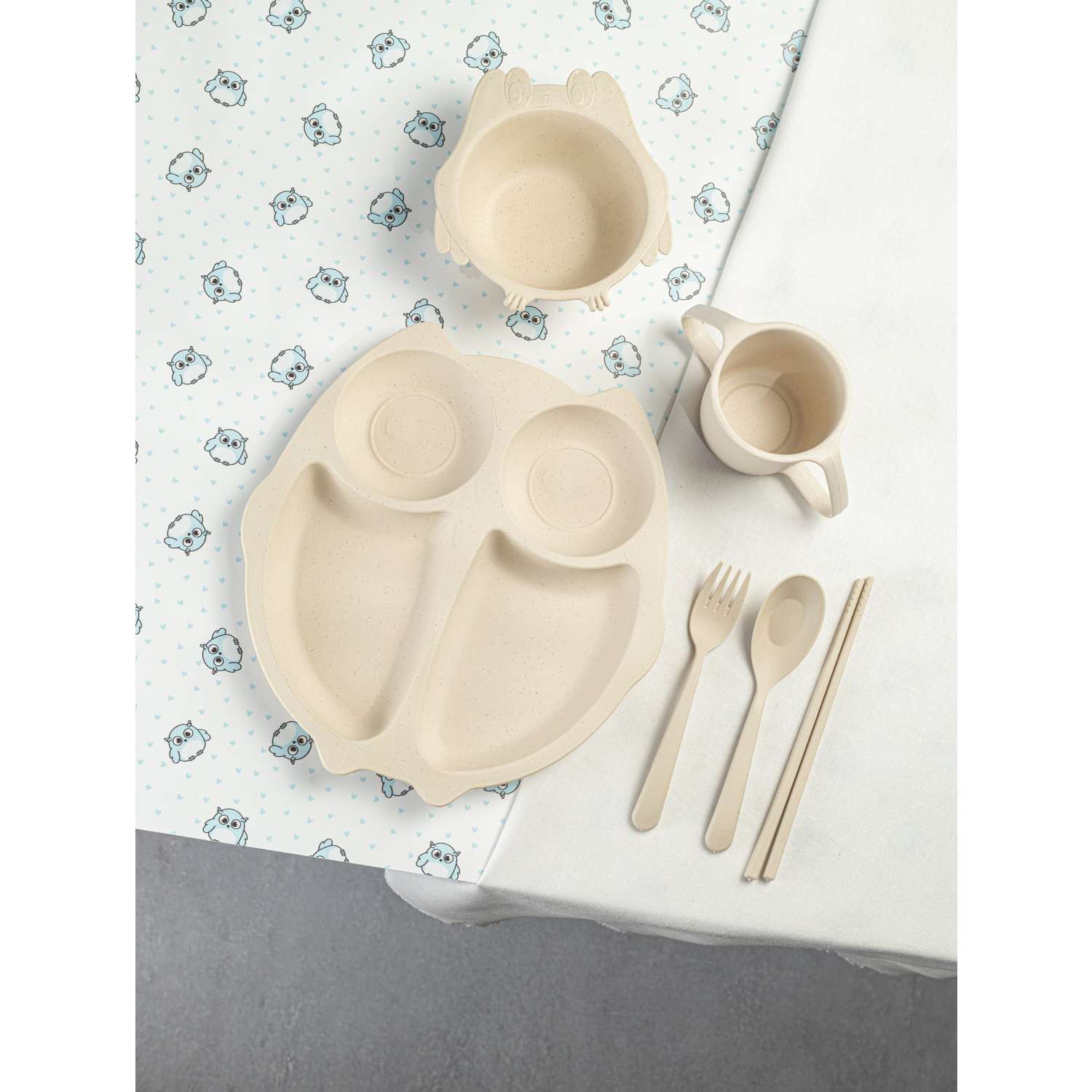 Набор детской посуды Добрый Филин Детская тарелка вилка ложка Совушка бежевая 6 предметов - фото 4