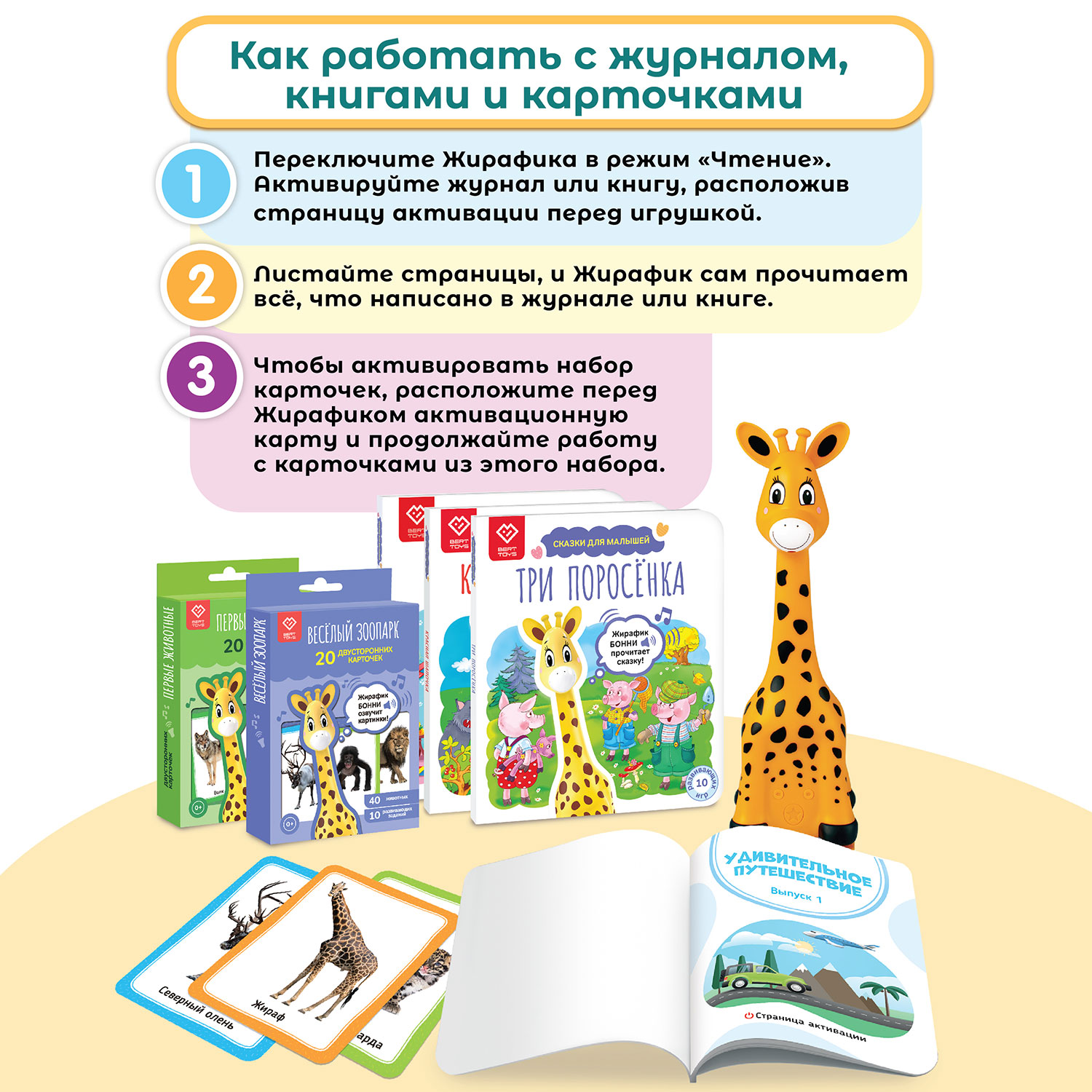 Интерактивная игрушка BertToys Жирафик Бонни Читает САМ! + 3 книги + журнал + 2 набора карт - фото 16