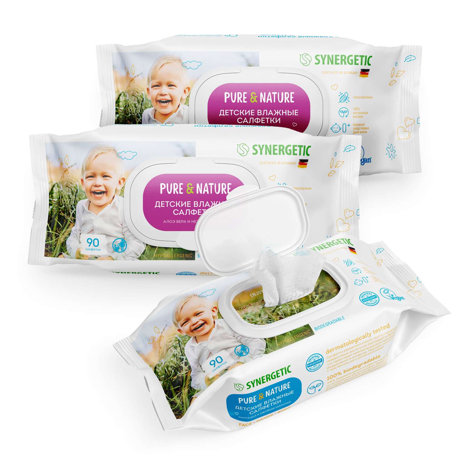 Салфетки влажные для детей SYNERGETIC Pure Nature пантенол и овсяное молочко 3 упаковки по 90 шт с клапаном - фото 2