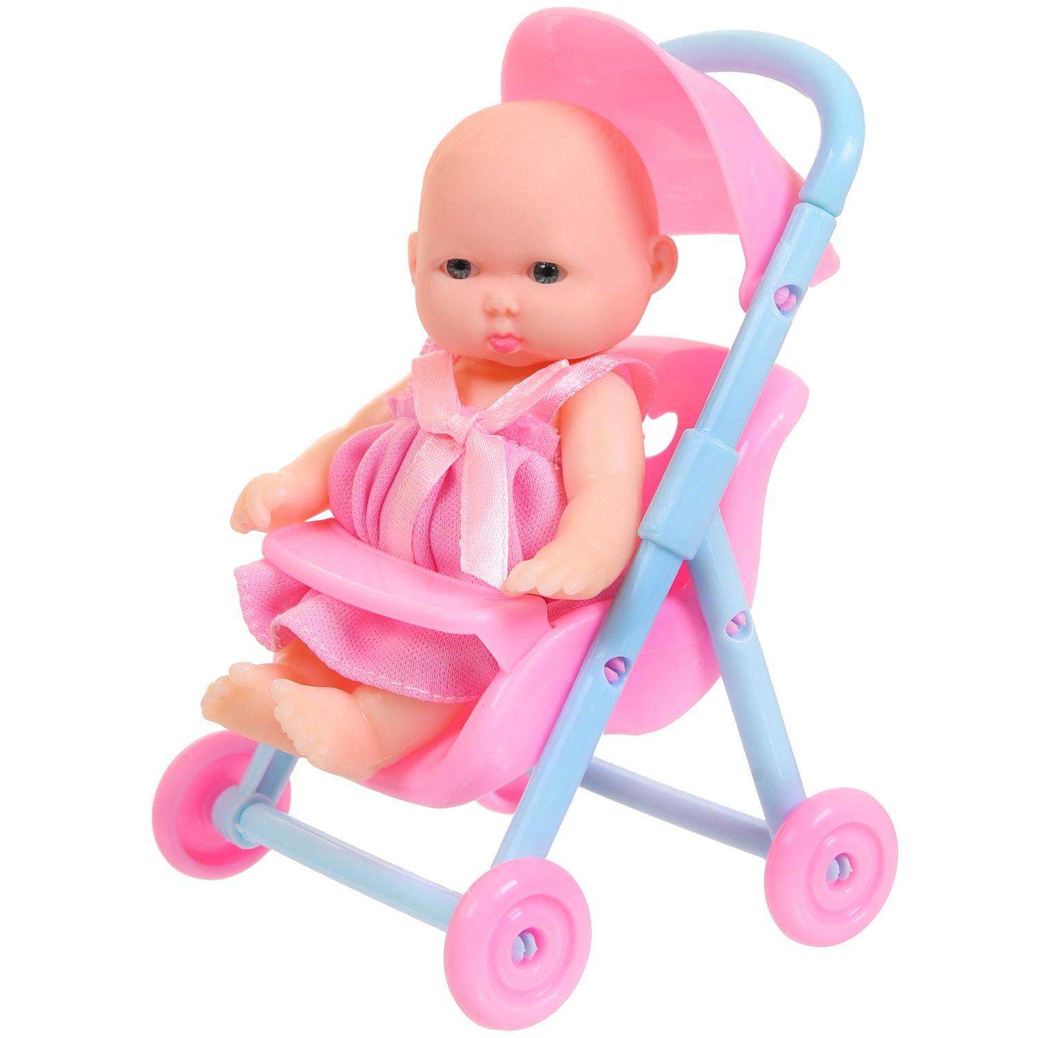 Кукла-пупс ABTOYS Мой малыш в розовом платье 12 см в наборе с коляской и аксессуарами PT-01432/розовое - фото 3