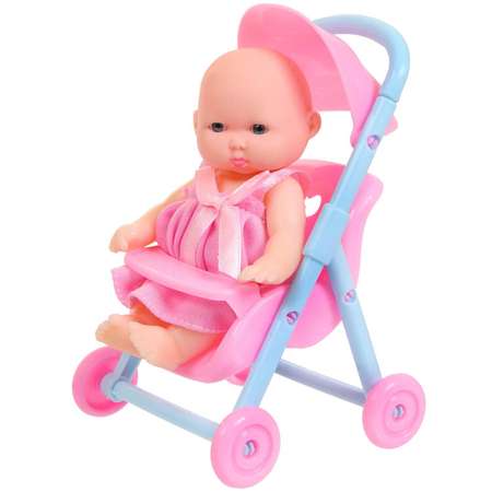 Кукла-пупс ABTOYS Мой малыш в розовом платье 12 см в наборе с коляской и аксессуарами