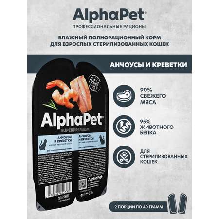 Корм для кошек AlphaPet Superpremium 80г sterilised анчоусы и креветки влажный