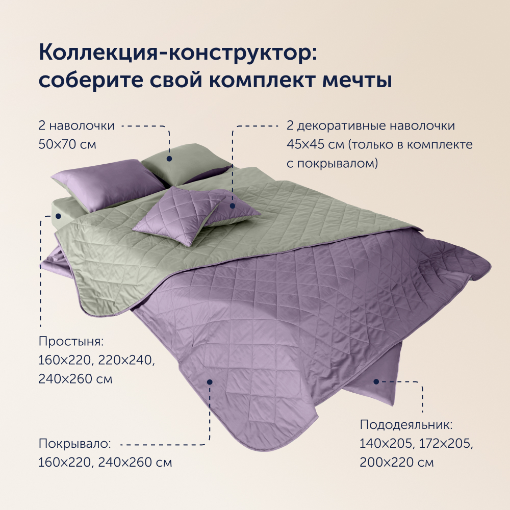 Комплект покрывало+2 наволочки buyson BuyColor Фиалка/Шалфей 240x260/45x45см - фото 11