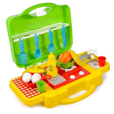 Детская игрушечная кухня Green Plast посудка и продукты в чемодане