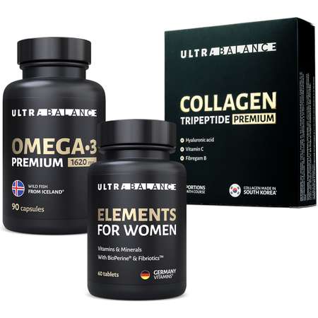 Спортивные витамины для женщин UltraBalance премиальный набор омега 3 и коллаген 30 саше порошок