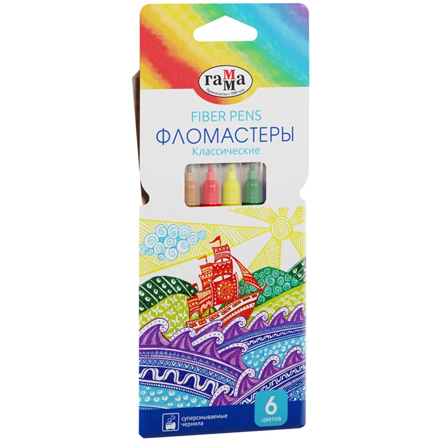 Фломастеры Гамма классические 6 цветов смываемые картон упаковка европодвес - фото 1