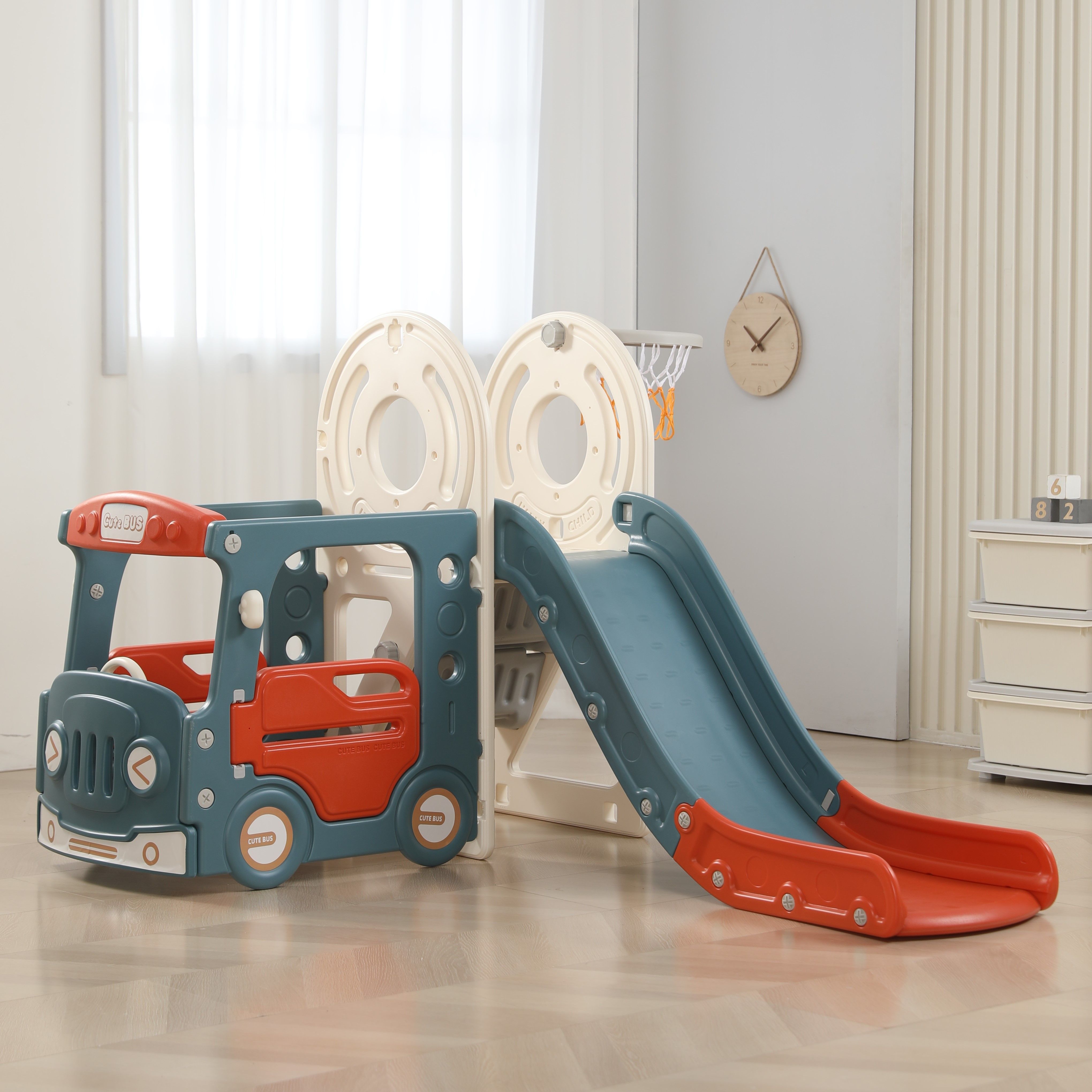 Игровой комплекс UNIX Kids Bus red с горкой и баскетбольным кольцом - фото 1