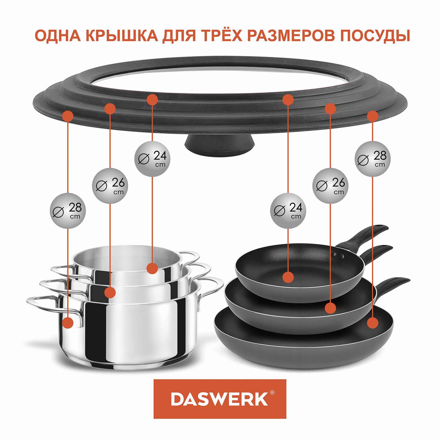 Крышка для сковороды DASWERK кастрюли посуды универсальная 3 размера 24-26-28см - фото 5