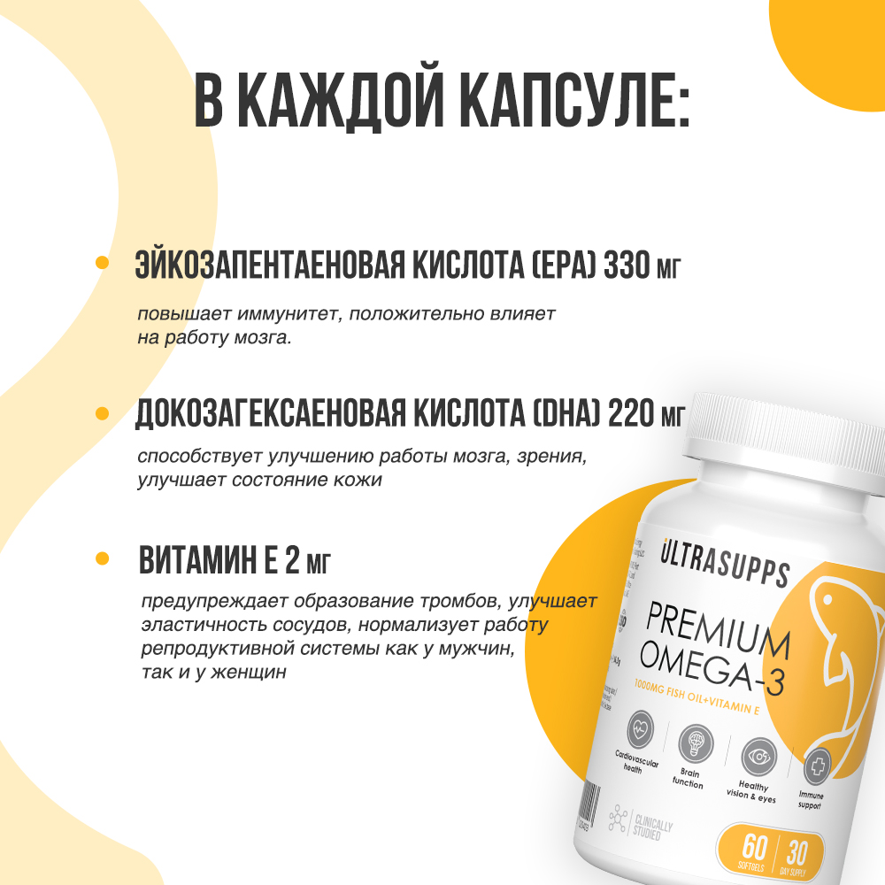 Премиум Омега - 3 + Витамин Е ULTRASUPPS 60 мягких капсул - фото 3