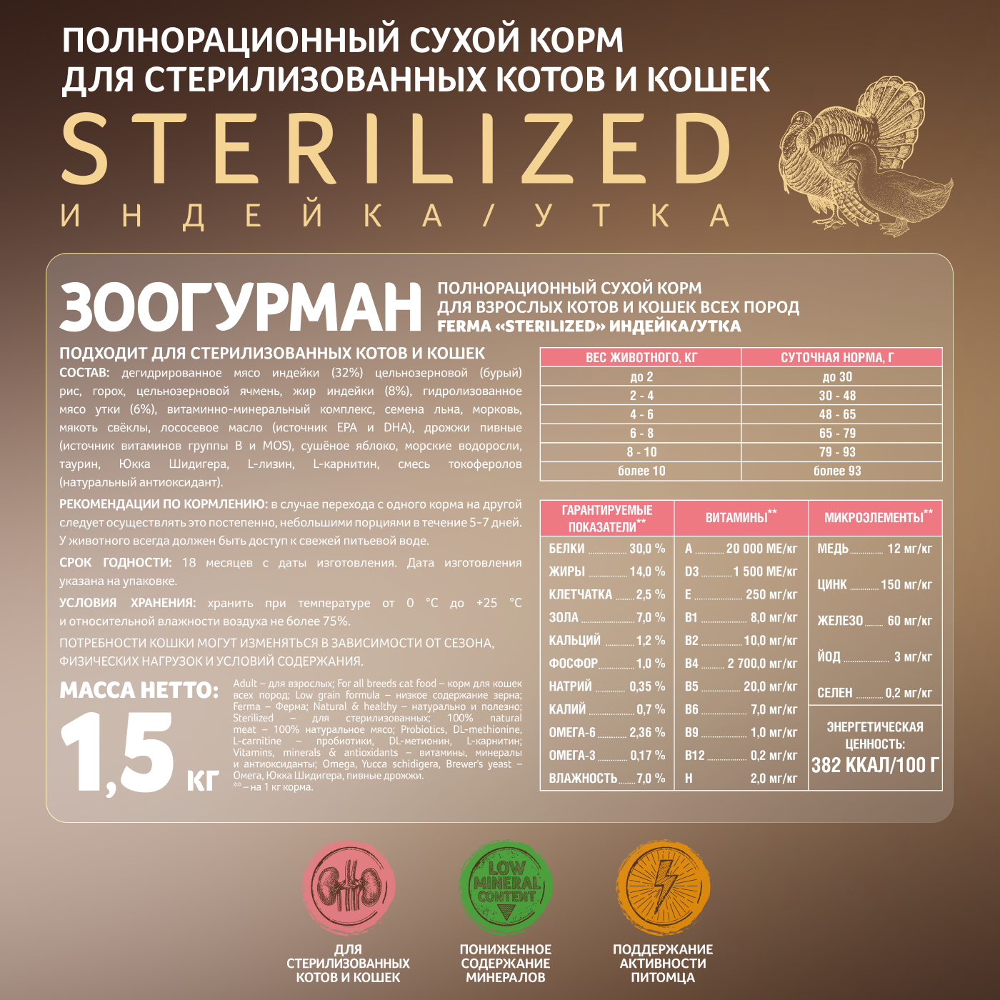 Корм для кошек Зоогурман Ferma Sterilized 1.5кг индейка-утка полнорационный сухой - фото 5