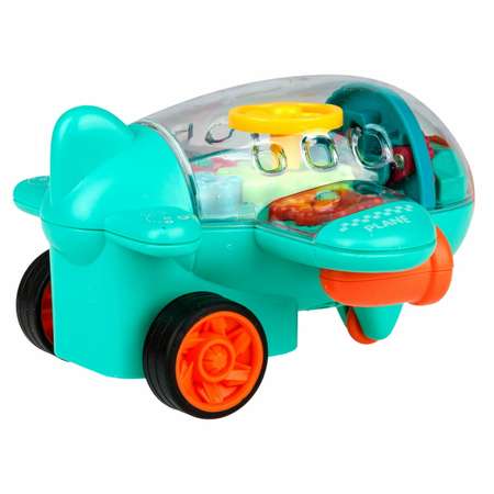 Самолет игрушка для детей 1TOY Движок бирюзовый прозрачный с шестеренками светящийся на батарейках