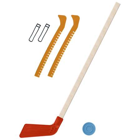 Набор для хоккея Задира Клюшка хоккейная детская красная 80 см + шайба + Чехлы для коньков желтые