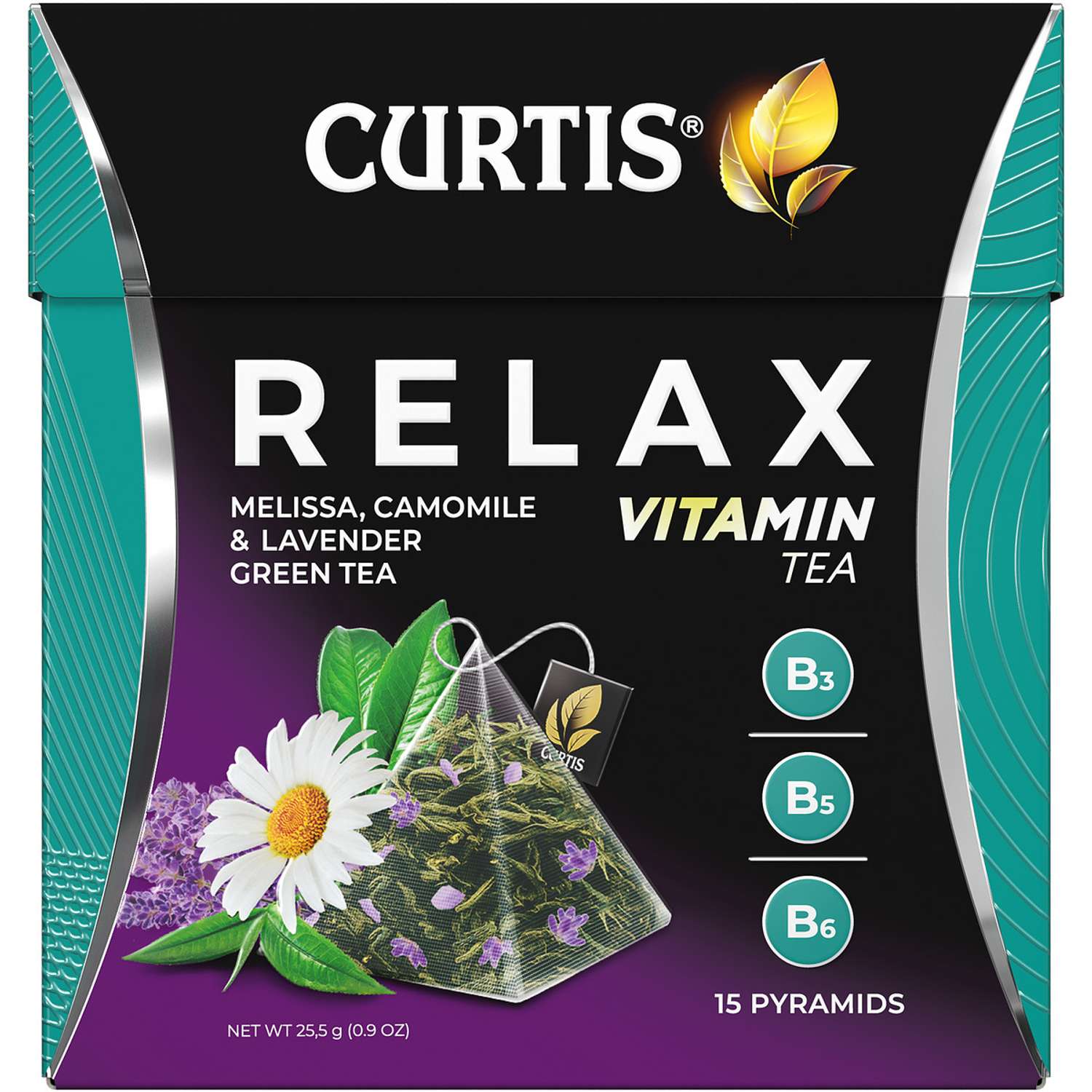 Чай зеленый Curtis Relax 15 пирамидок с ромашкой лавандой мелиссой и витаминами В3 В5 В6 - фото 1