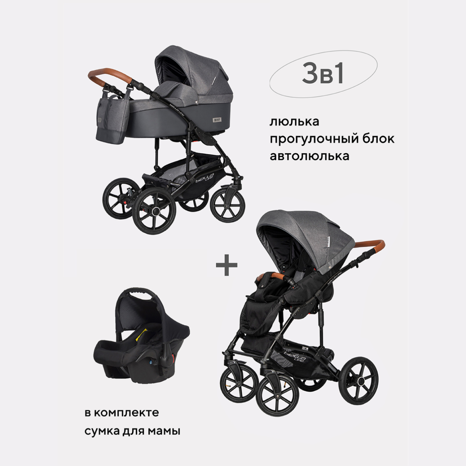 Коляска 3 в 1 RIKO BASIC BELLA LIFE 06 Anthracite графит