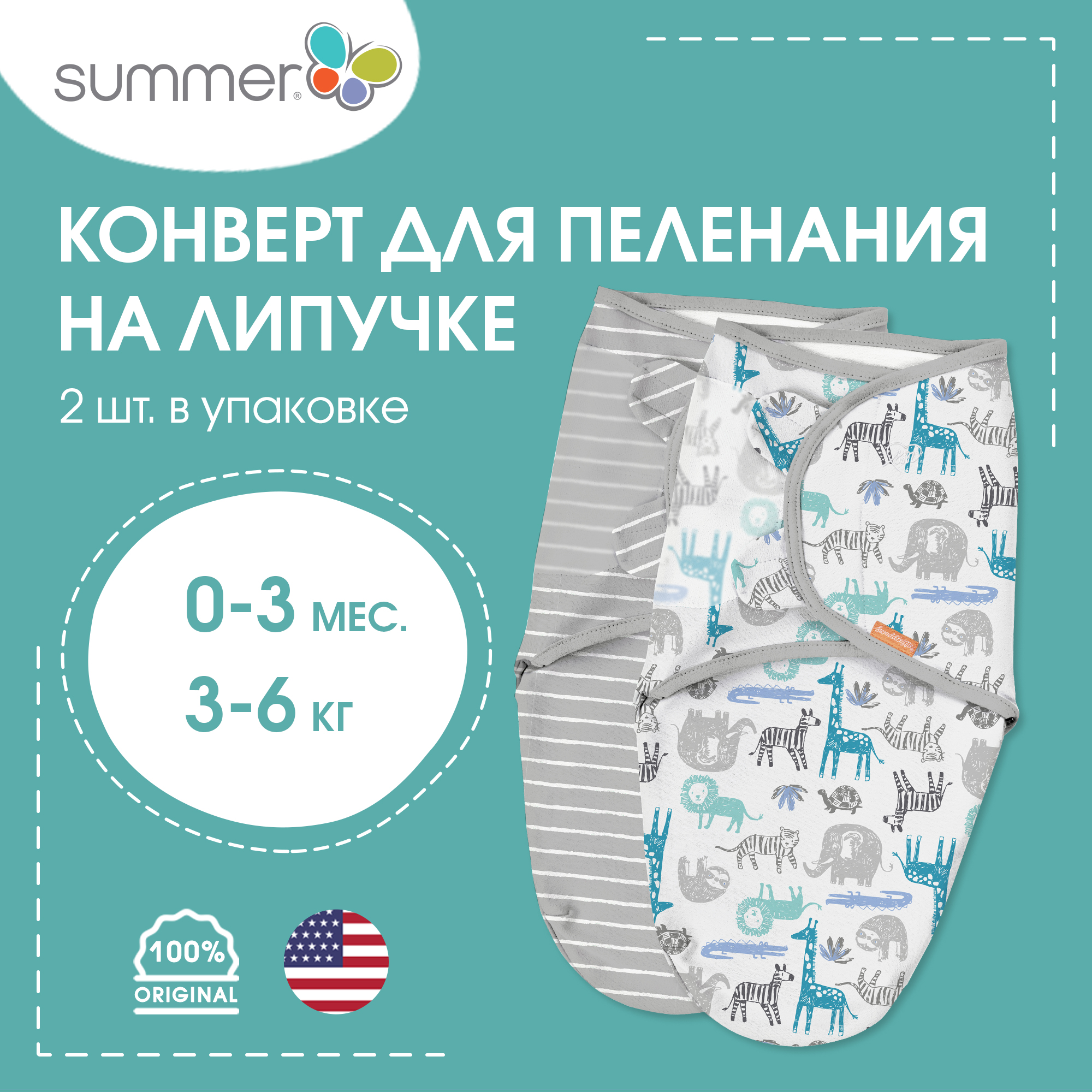 Конверт для новорожденных Summer Infant на липучке Swaddleme 2 шт размер S/M сафари/серые полоски - фото 2