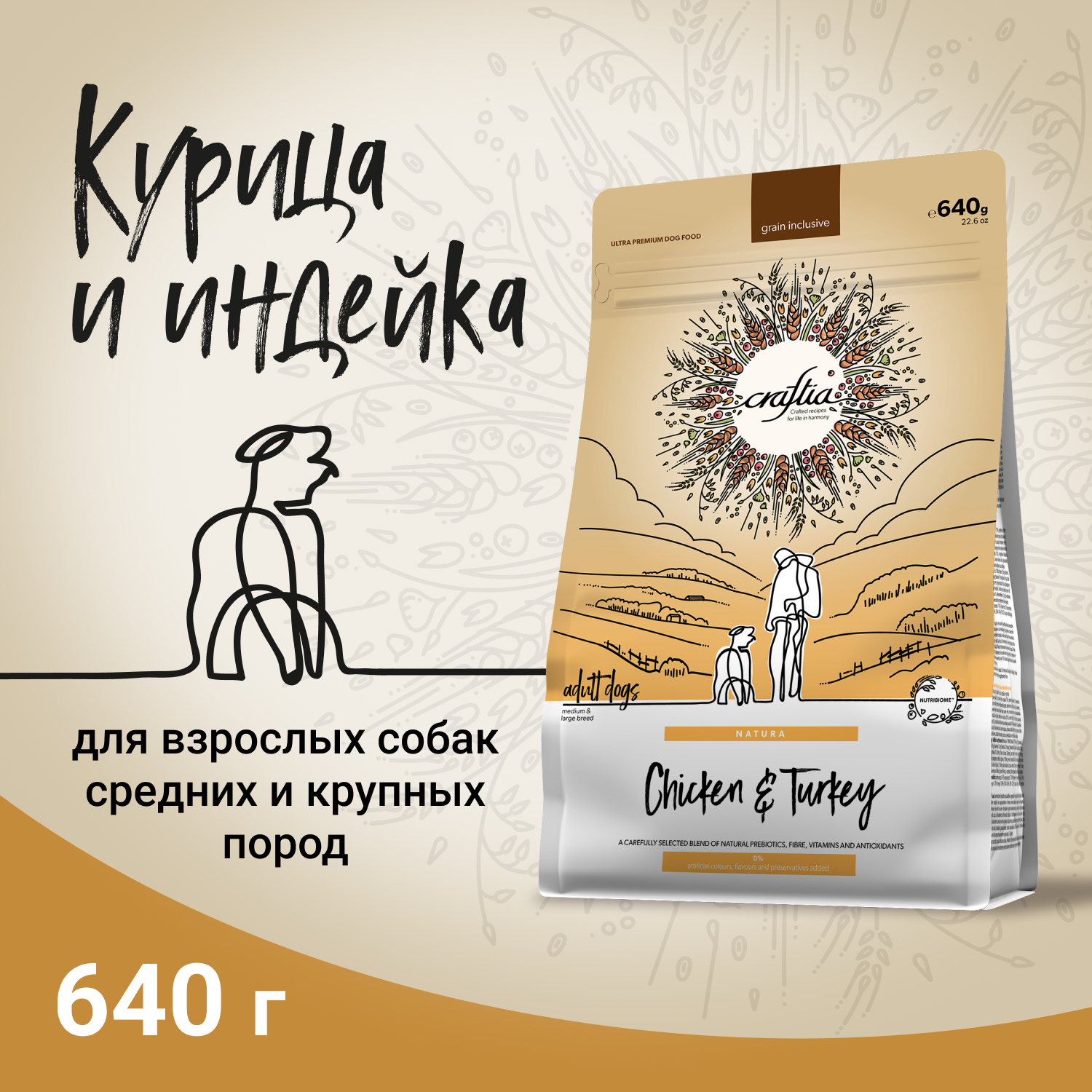 Сухой корм для собак Craftia 0.64 кг индейка, курица (для домашних, полнорационный) - фото 2