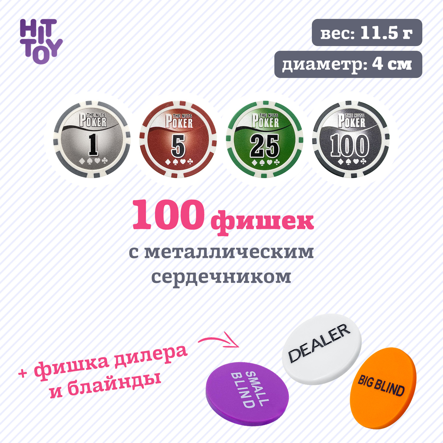 Покерный набор HitToy Nuts 100 фишек с номиналом в чемодане - фото 3