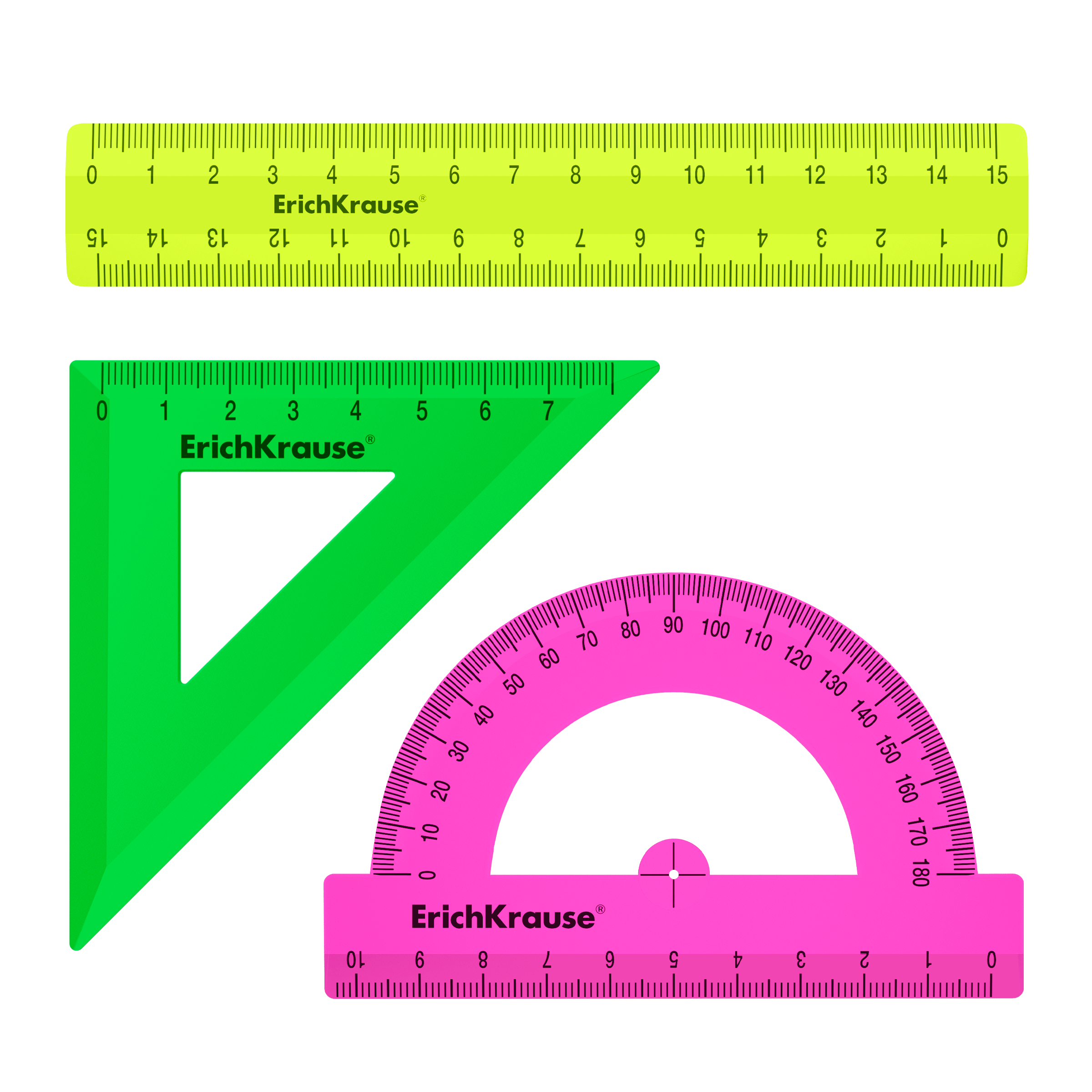 Набор геометрический малый ErichKrause Neon Solid (линейка угольник транспортир) в zip-пакете пластиковый ассорти из 3 цветов 57928 - фото 1