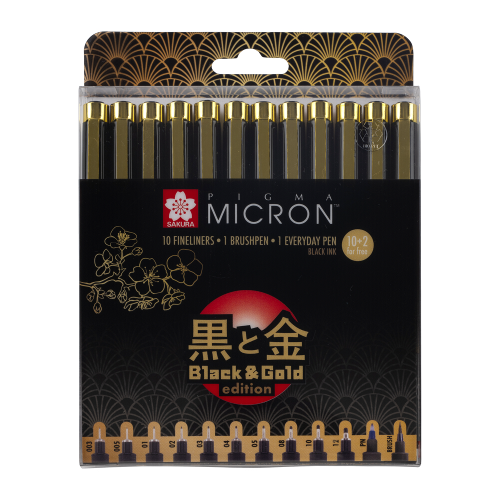 Набор черных капиллярных ручек SAKURA Pigma Micron Gold Limited Edition 12 штук - фото 1