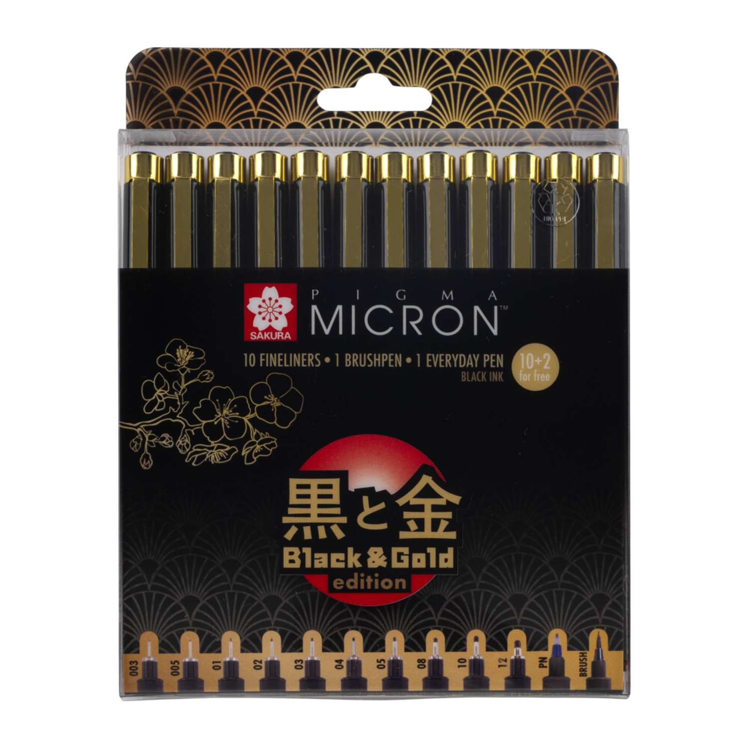 Набор черных капиллярных ручек Sakura Pigma Micron Gold Limited Edition 12 штук - фото 1
