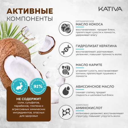 Восстанавливающая маска Kativa с органическим кокосовым маслом для поврежденных волос Coconut 250 мл