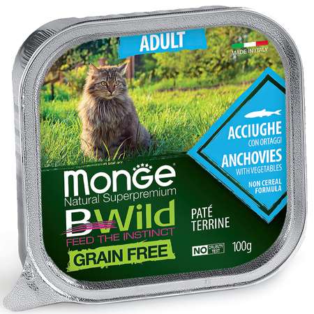 Корм для кошек MONGE BWild Grain free из анчоусов с овощами консервированный 100г