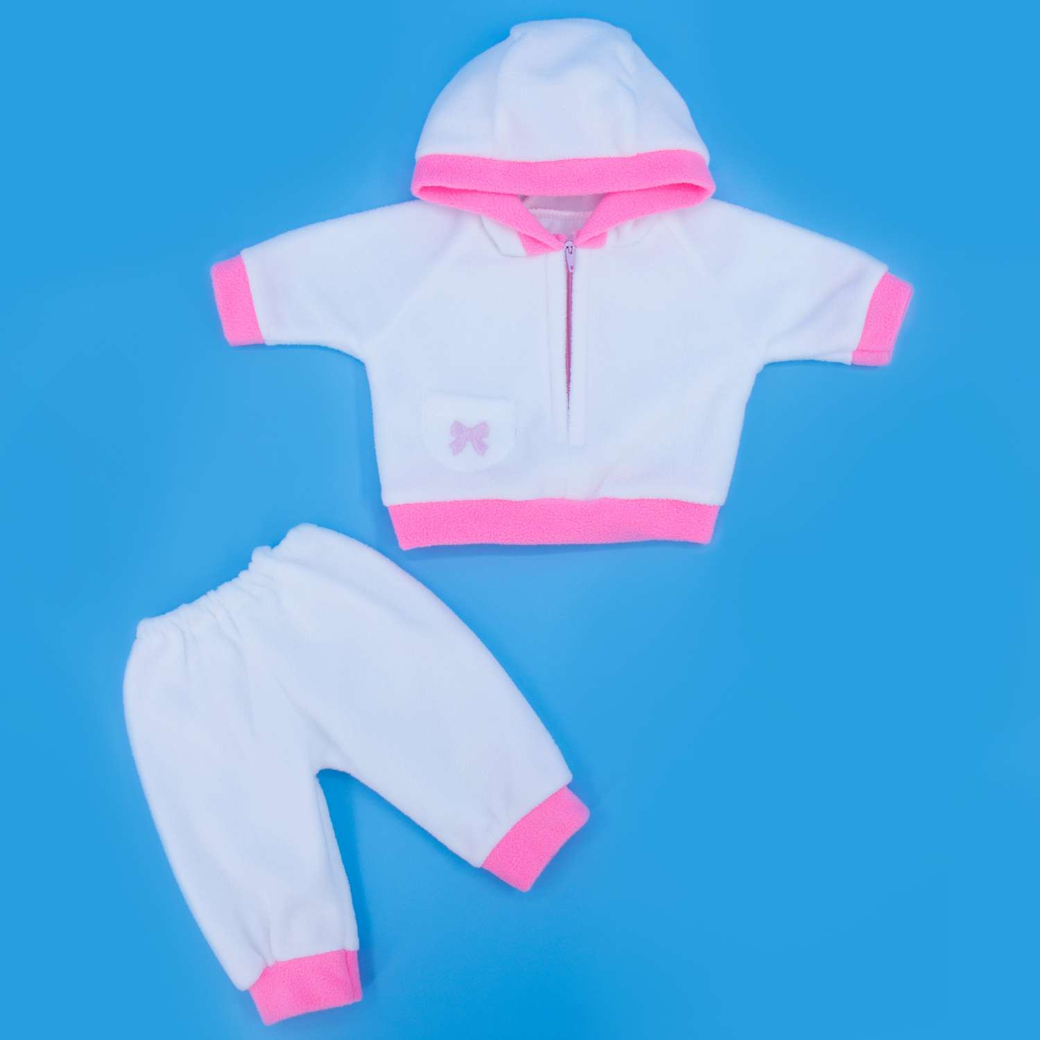 Комплект для пупса Модница 43-48 см из флиса: куртка с капюшоном и штанишки 6103 белый-розовый 6103белый&amp;розовый - фото 8