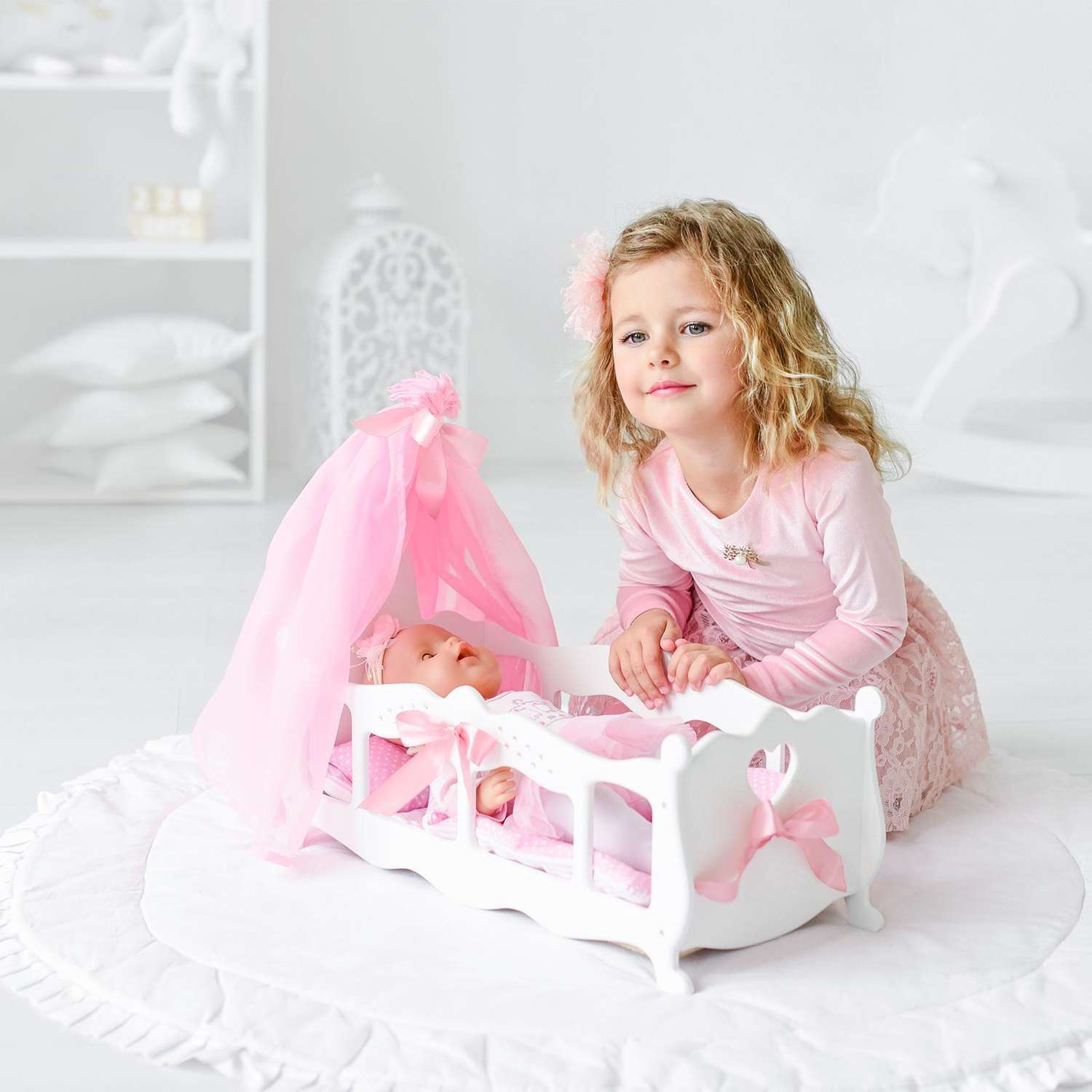 Кроватка Лесная мастерская для кукол с постельным бельем и балдахином коллекция «Diamond princess» белый 5216845 - фото 3