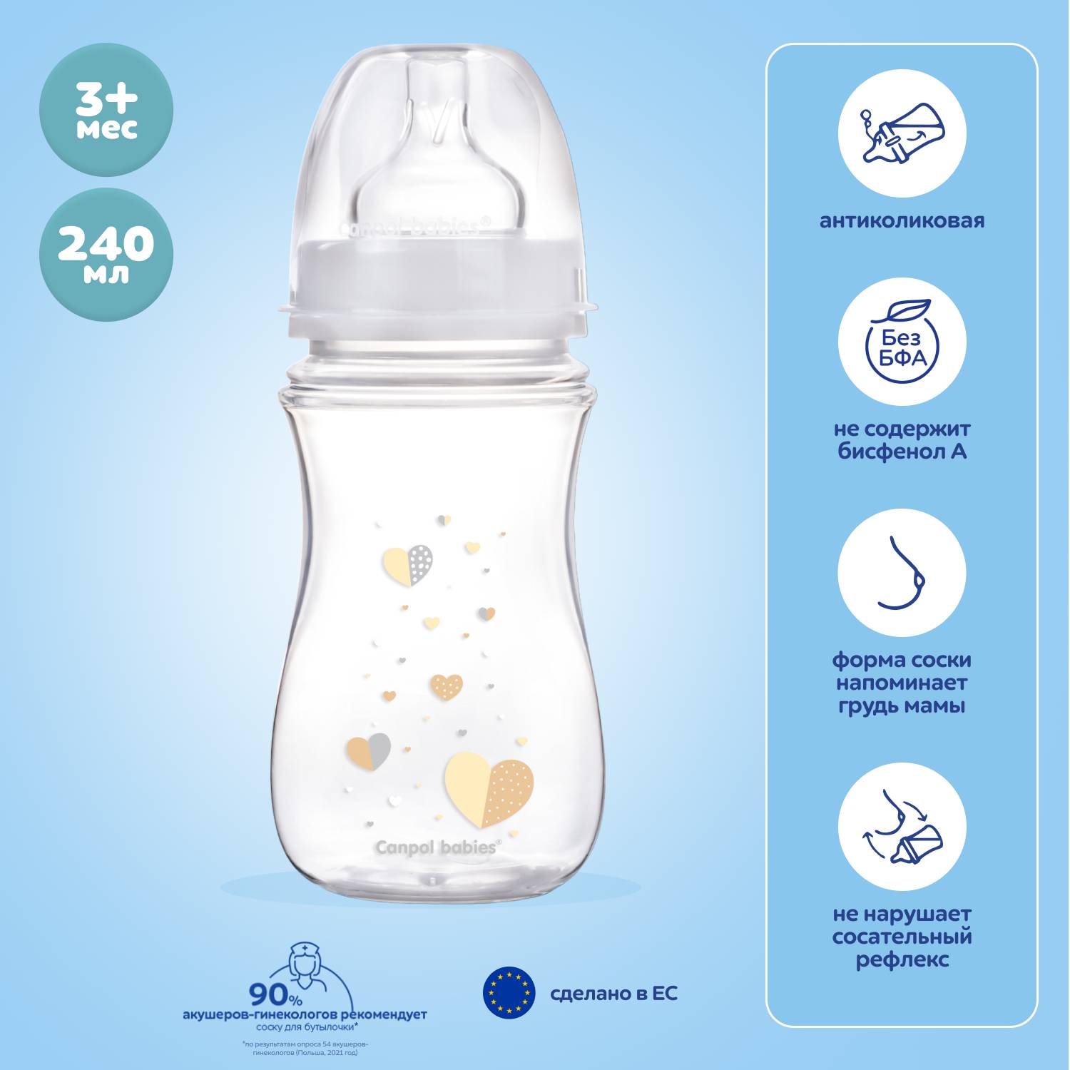 Бутылочка Canpol Babies EasyStart РР с широким горлышком, антиколиковая Newborn baby, 240 мл белый