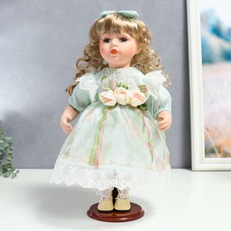 Кукла коллекционная Зимнее волшебство керамика «Джудит в нежно-мятном платье с цветочками» 30 см