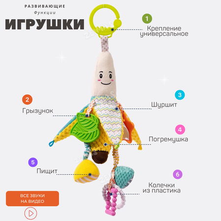 Игрушка подвеска мягкая Zeimas Монтессори Банан с прорезывателем и погремушкой развивающая