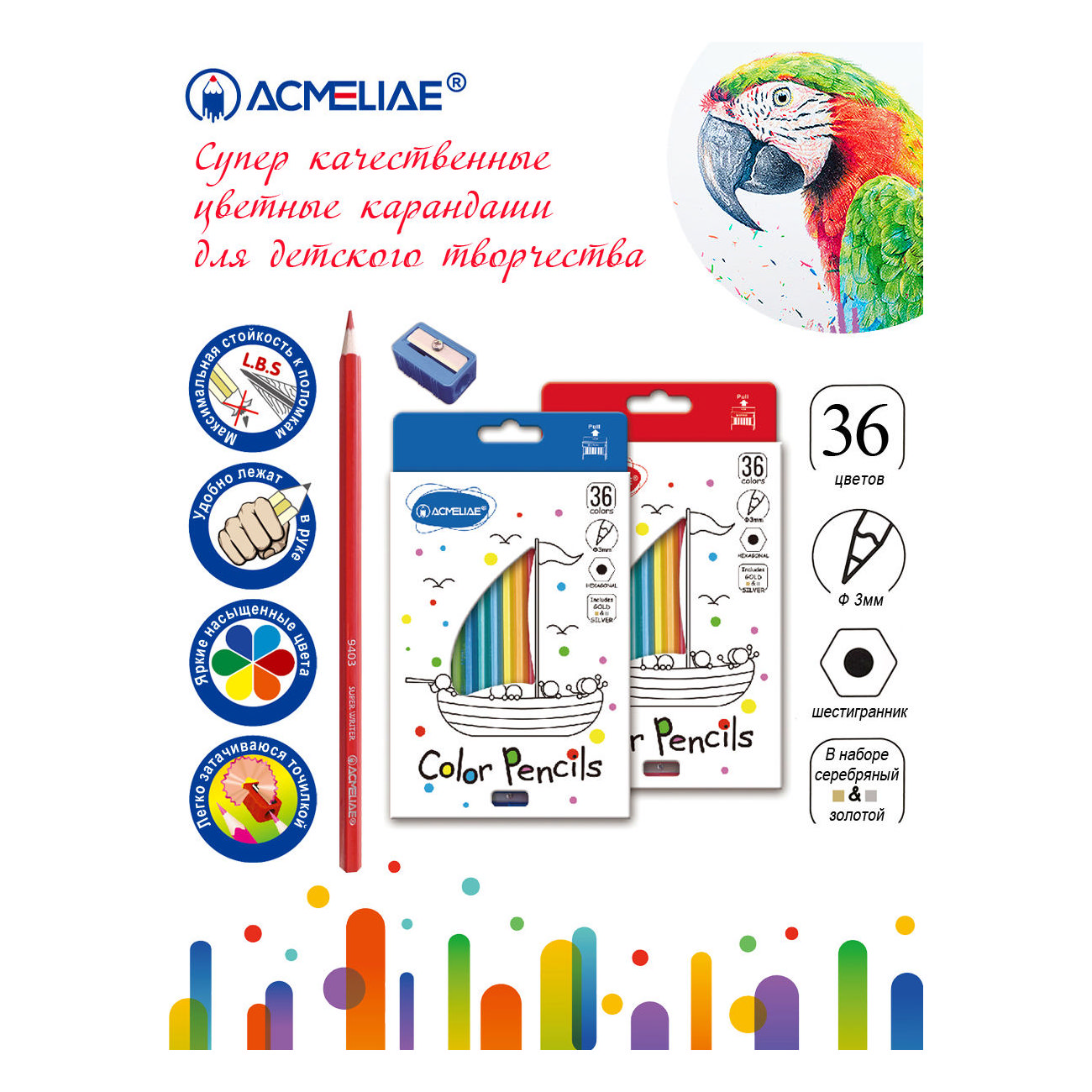 Карандаши цветные ACMELIAE 36 цветов и точилка в картонном футляре - фото 3