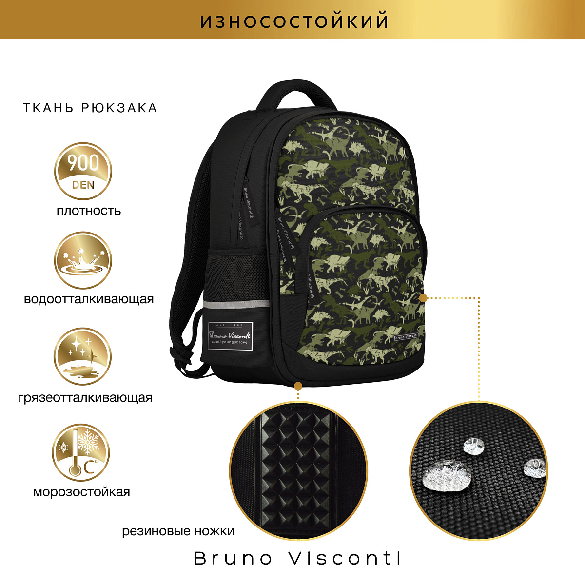 Рюкзак школьный Bruno Visconti черный с эргономичной спинкой Динозавры Паттерн с мешком - фото 5