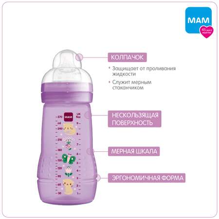 Бутылочка для кормления MAM Easy Start Active с силиконовой соской 270 мл фиолетовая 2+ мес