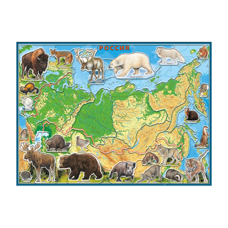 Карта-пазл георафический АГТ Геоцентр Животные и Природные Зоны России 67 деталей 34х46 см