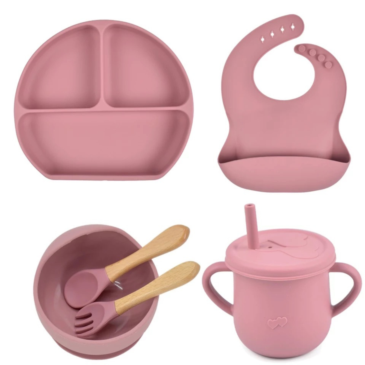 Набор посуды PlayKid для кормления силиконовый 7 предметов темно-розовый - фото 1