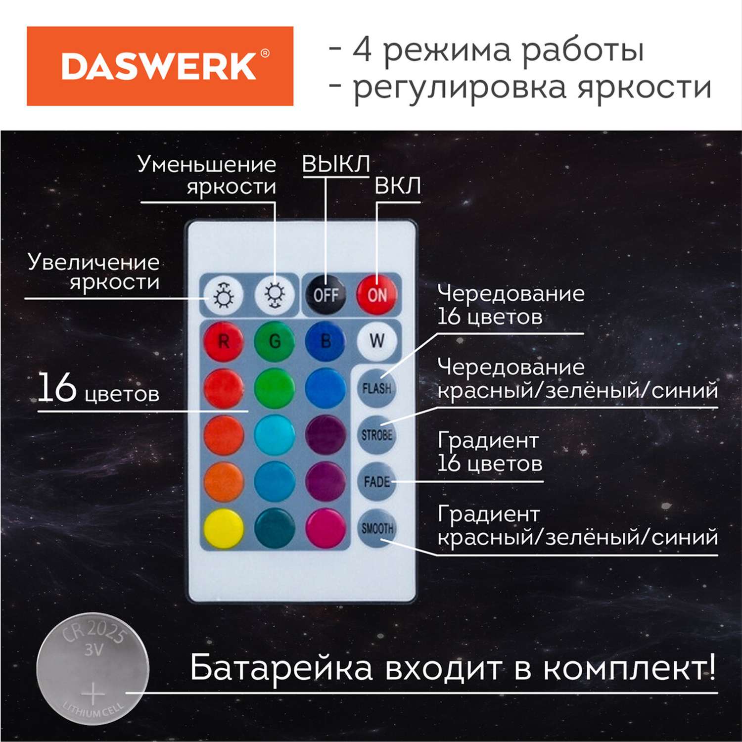 Ночник DASWERK детский светильник Led лампа Вселенная 16 цветов с пультом - фото 9