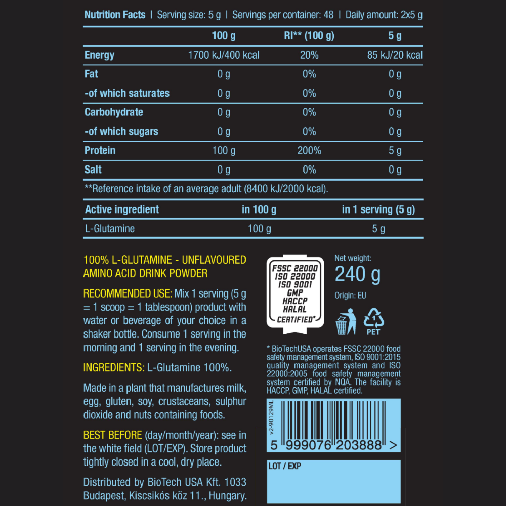 L-глутамин BiotechUSA 100% L-glutamine 240 г - фото 2