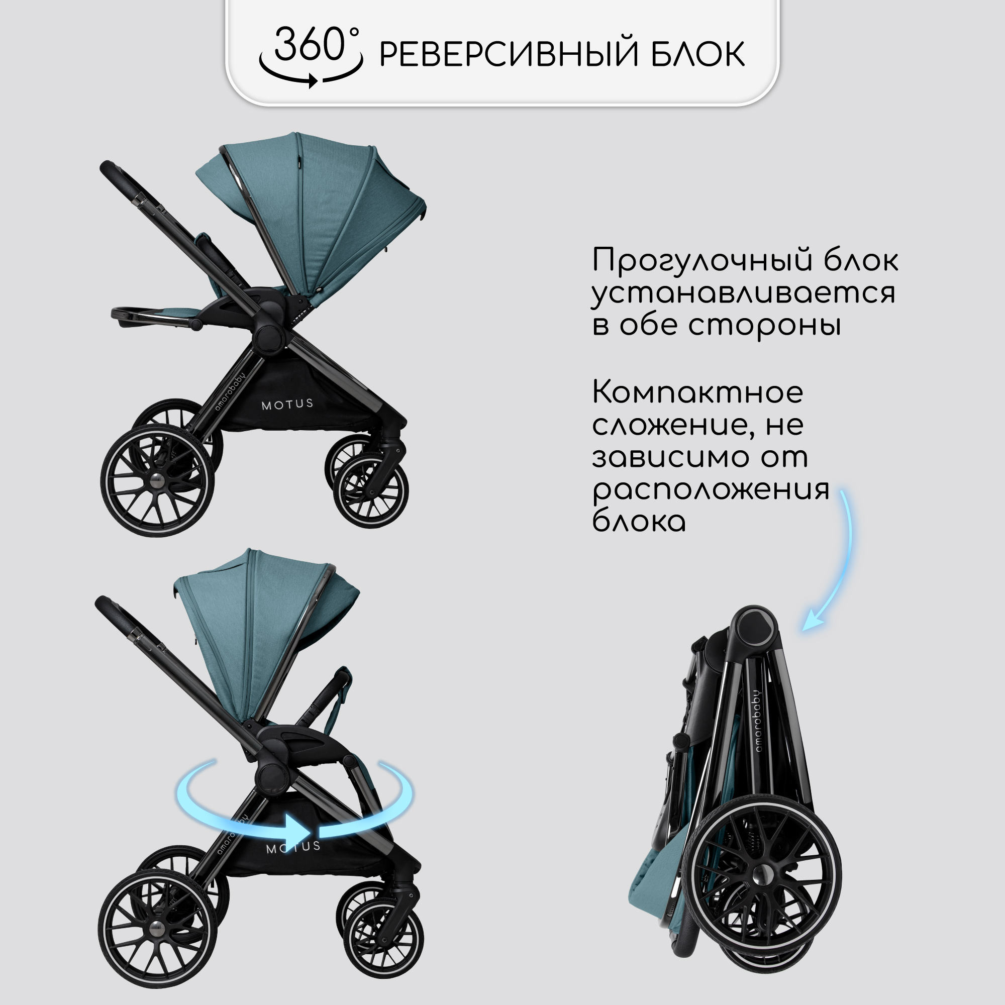 Коляска детская 2в1 Amarobaby Motus Бирюзовый - фото 4