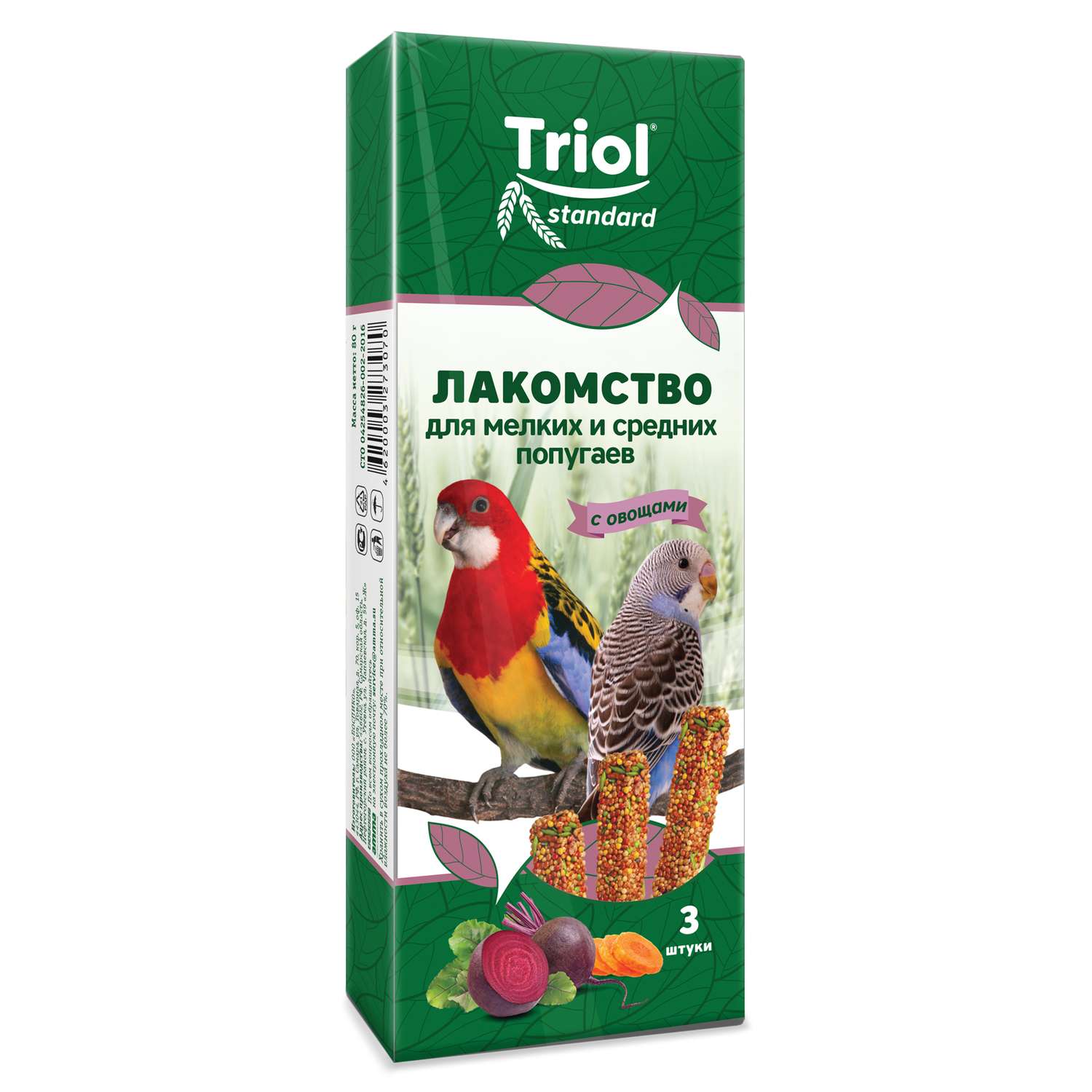Лакомство для попугаев Triol 80г Standard мелких и средних с овощами 3шт - фото 1