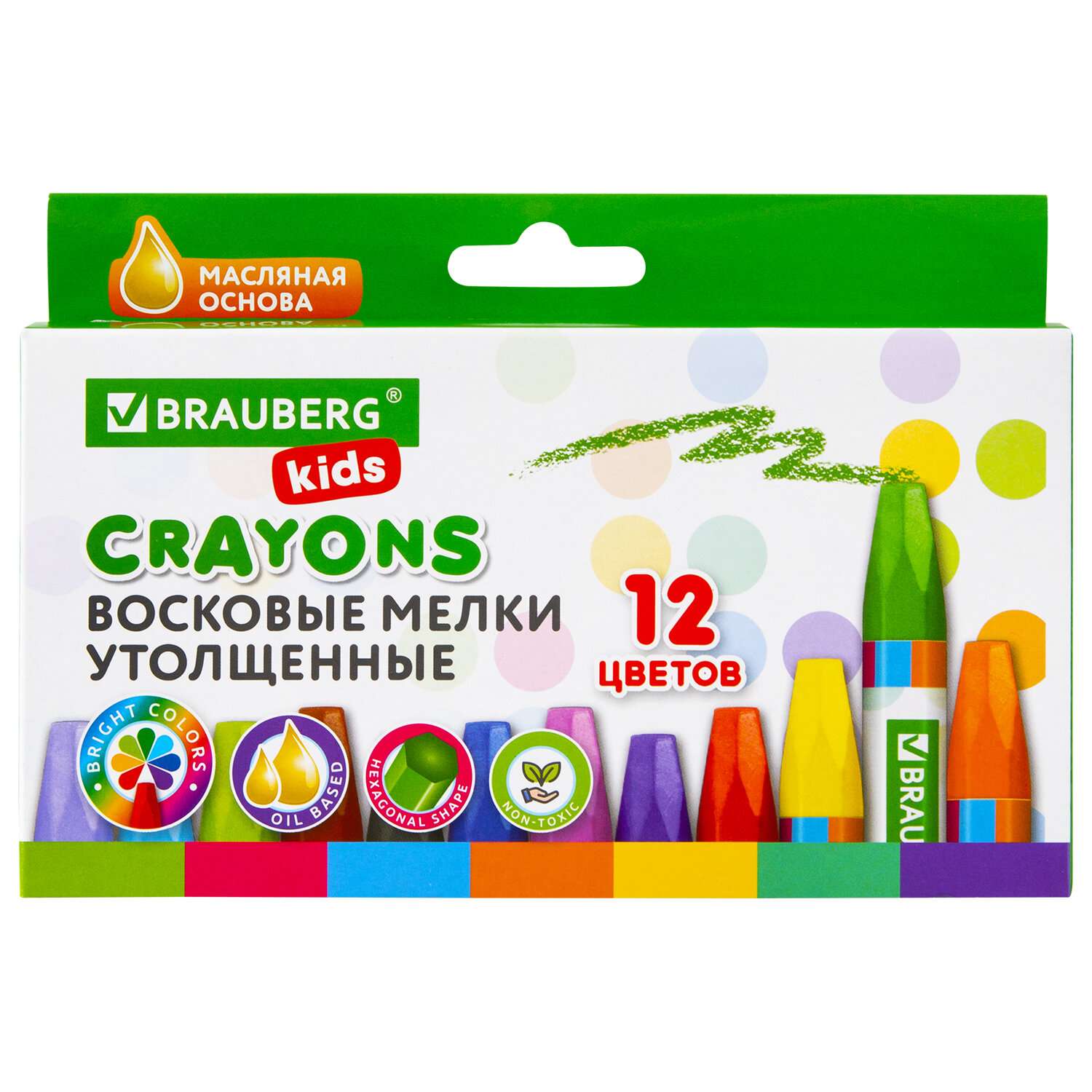 Восковые мелки Brauberg для рисования утолщенные набор 12 цветов на масляной основе - фото 1