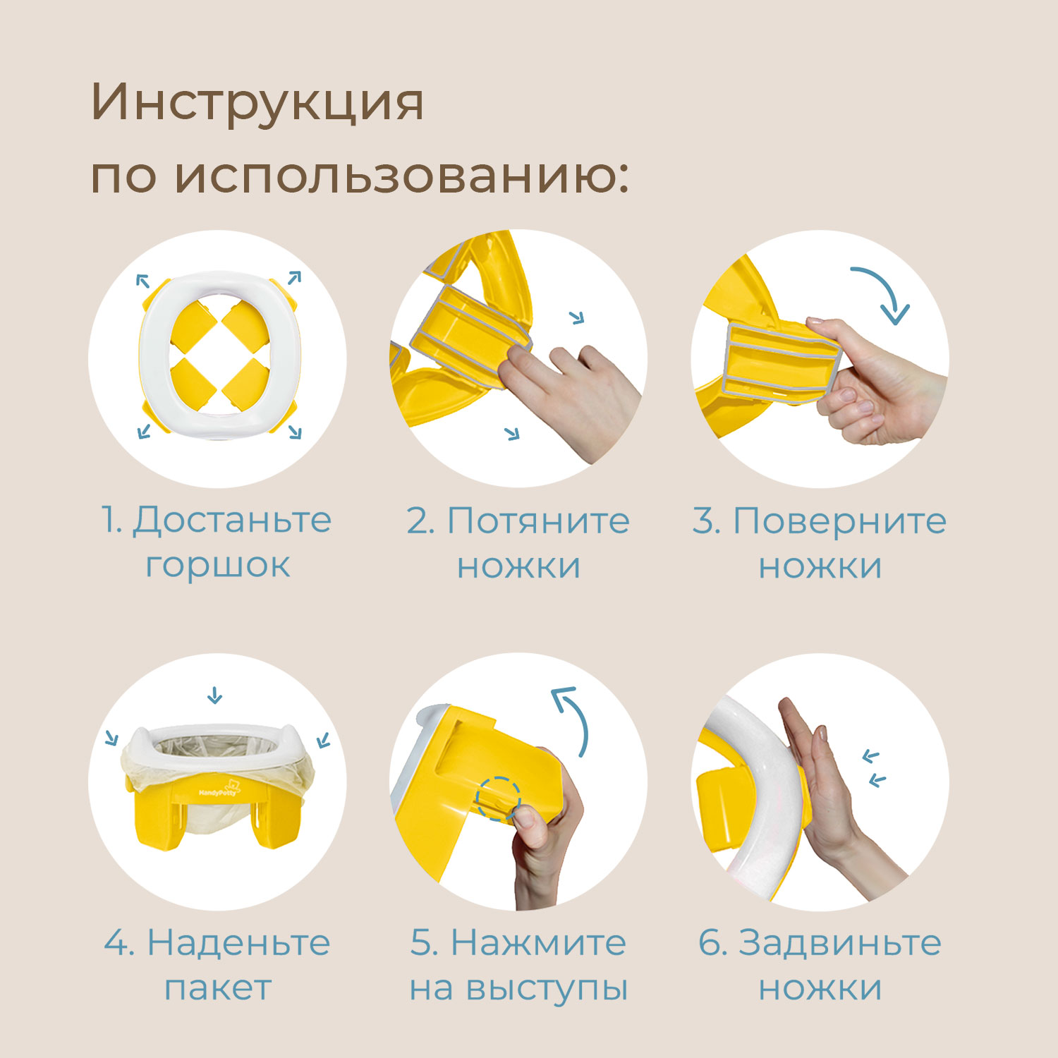 Горшок дорожный ROXY-KIDS складной и насадка на унитаз HandyPotty с тремя пакетами цвет желтый - фото 4