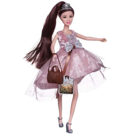 Кукла ABTOYS Летний вечер с диадемой в розовом блестящем платье с двухслойной юбкой темные волосы 30см