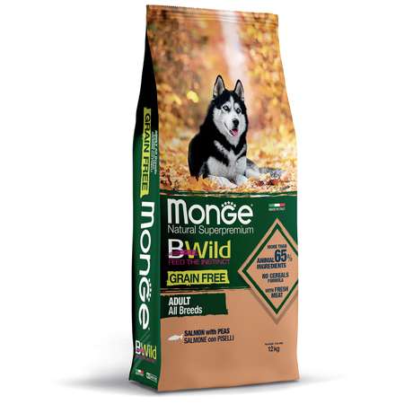 Корм для собак MONGE BWild Grain free из лосося и гороха 12кг