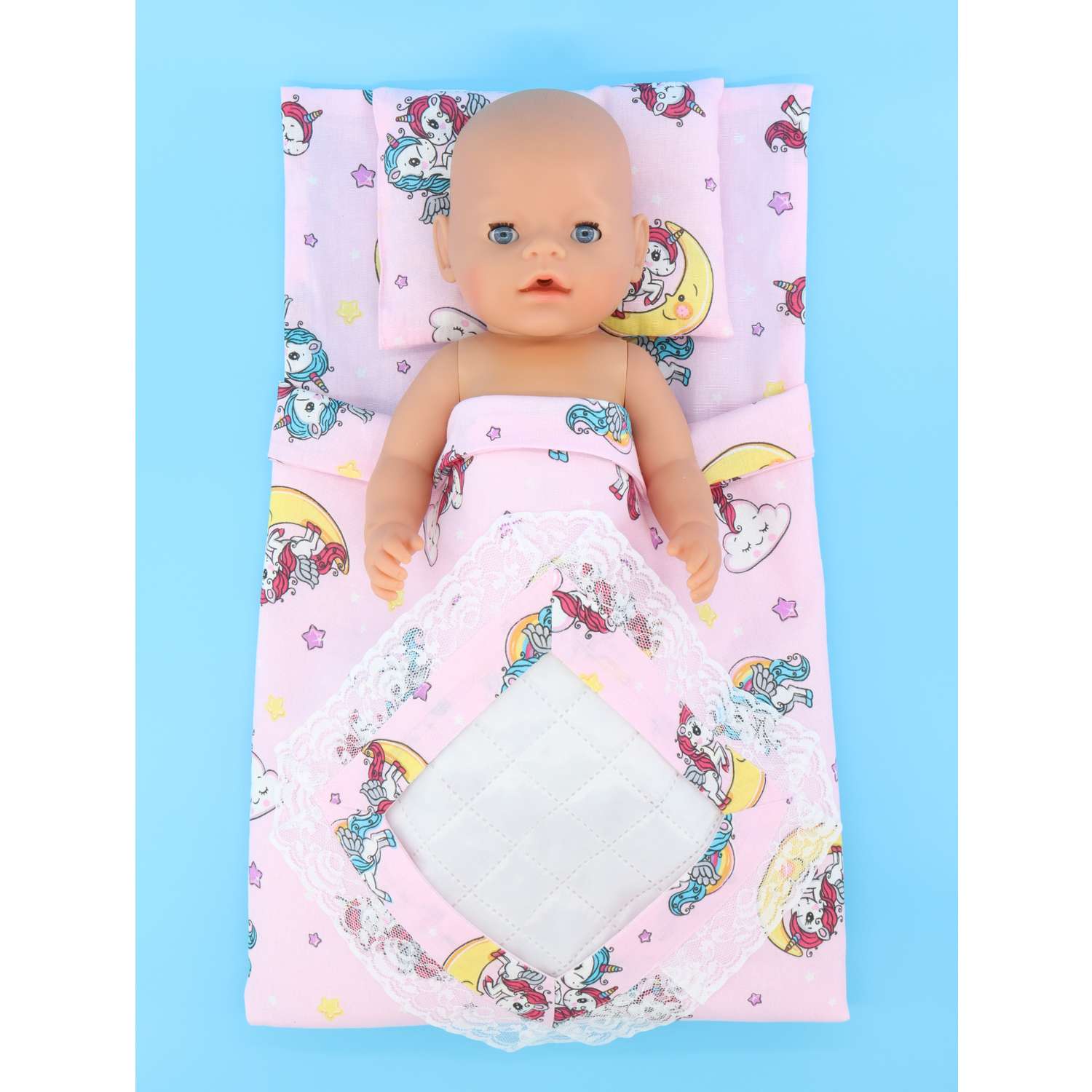 Комплект Модница для пупса 43-48 см: одеяло в пододеяльнике подушка и матрасик бежевый-розовый 6109бежевый-розовый - фото 2